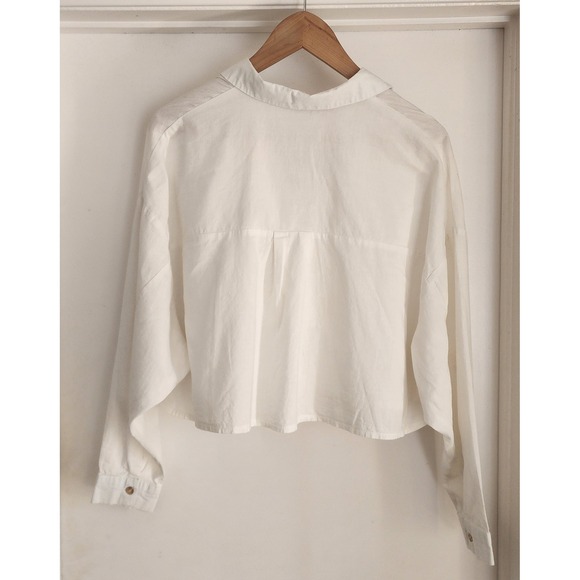 GRADE GATHER White Cropped Wrap Shirt Long Sleeve Collared Button Front Size S - Picture 3 of 5